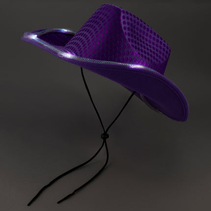 Purple LED Light Up Flashing Cowboy Hat With Sequins