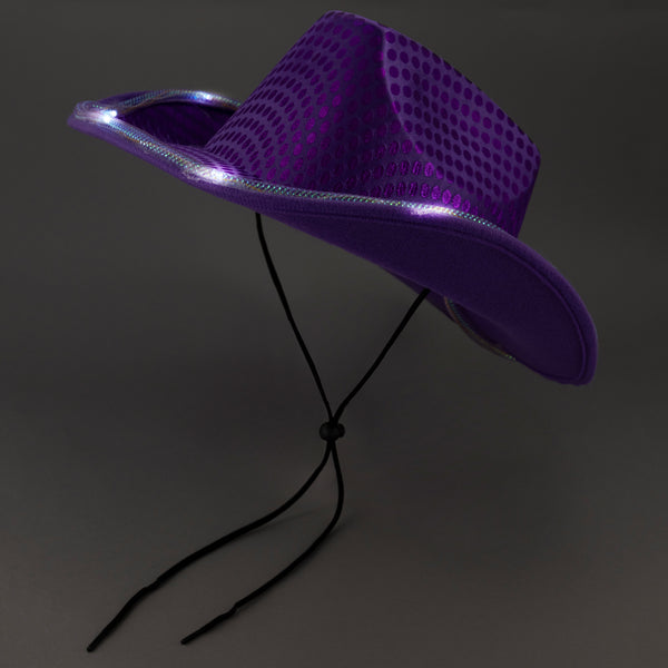 LED Flashing Purple Cowboy Hat With Sequins Pack of 2
