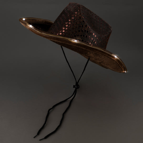 LED Light Up Flashing Brown Cowboy Hat With Sequins