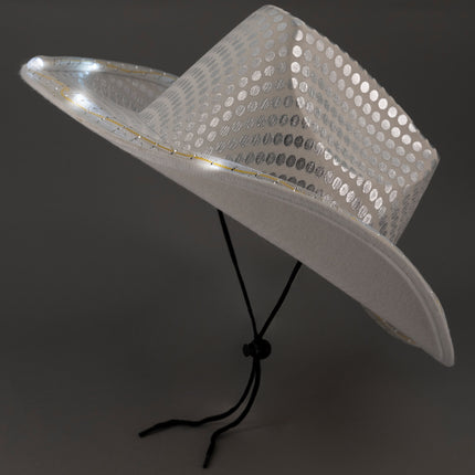 LED Light Up Flashing White Cowboy Hats With Sequins - Pack of 2