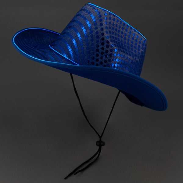 LED Flashing EL Wire Blue Sequin Cowboy Party Hat - Pack of 3 Hats