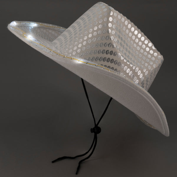 LED Light Up Flashing White Cowboy Hat With Sequins | PartyGlowz