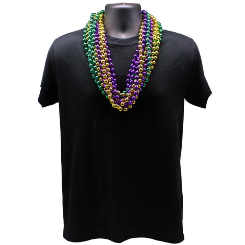 33 Inches 12mm Round Metallic Purple, Gold and Green Mardi Gras Beads Necklaces