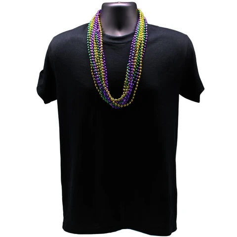 33 Inches 7.5mm Round Metallic Purple, Gold & Green Mardi Gras Beads Necklaces