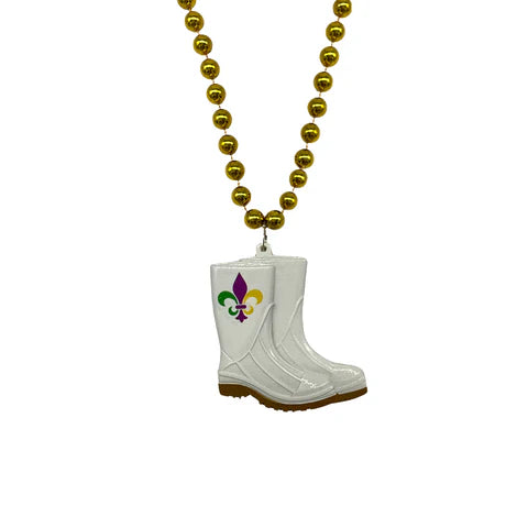 33" 7mm Metallic Gold Necklace with Purple, Green & Gold Fleur De Lis Boot Medallion