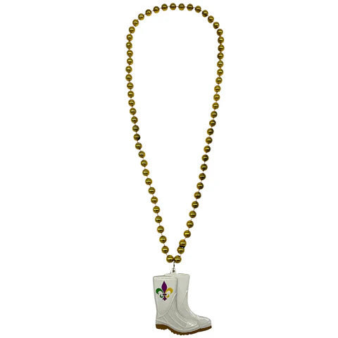 33 Inches Metallic Gold Necklace with Purple, Green & Gold Fleur De Lis Boot Medallion