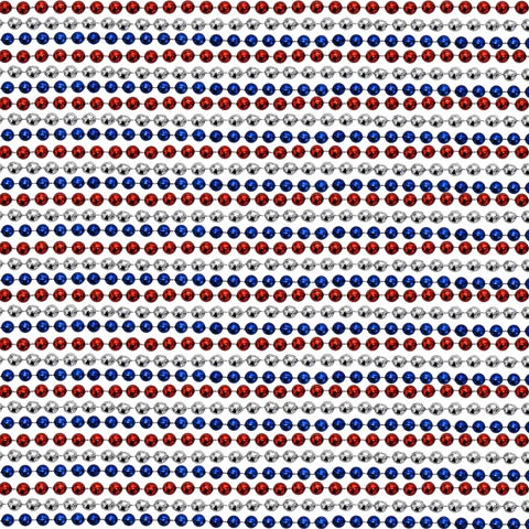 33 Inches Round Metallic Red, Blue and Silver Mardi Gras Beads - Pack of 72 Beaded Necklaces