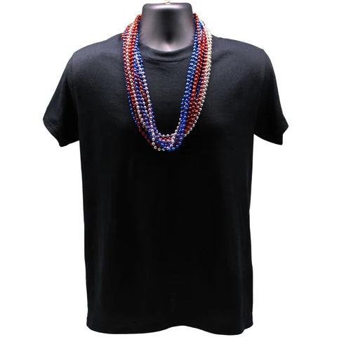 33 Inches Round Metallic Red, Blue and Silver Mardi Gras Beads - Pack of 72 Necklaces