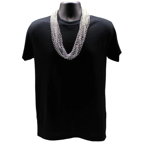 33 Inches Round Metallic Silver Mardi Gras Beads - Pack of 72 Necklaces