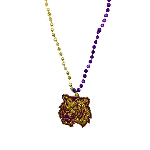 34 Inches 7mm Purple & Gold Tiger Medallion Necklaces - Pack of 12