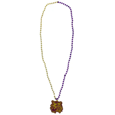 34 Inches 7mm Purple & Gold Tiger Medallion Necklaces