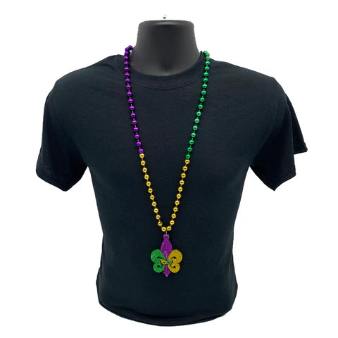 36 Inches 10mm Purple, Green and Gold Glitter Fleur de Lis with Mask Necklace