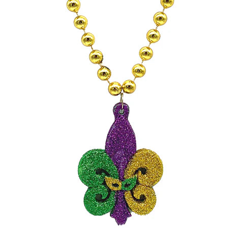 36 Purple, Green & Gold Glitter Fleur de Lis Mask 10mm Beads Necklace