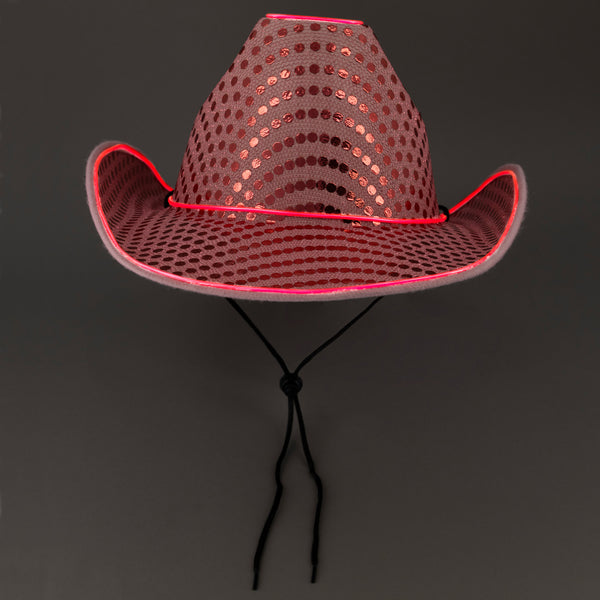 LED Flashing EL Wire Pink Sequin Cowboy Party Hat - Pack of 3 Hats