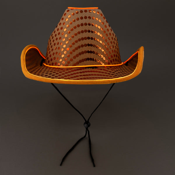 LED Flashing Orange EL Wire Sequin Cowboy Party Hat - Pack of 12 Hats