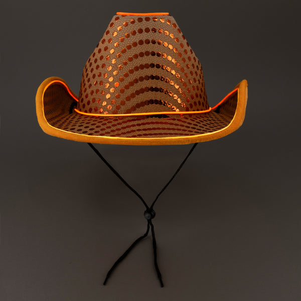 LED Flashing Orange EL Wire Sequin Cowboy Party Hat | PartyGlowz