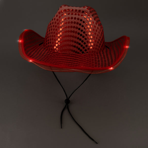 LED Light Up Flashing Sequin Red Cowboy Hats - Pack of 12