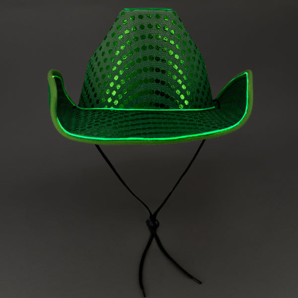 LED Flashing Neon Green EL Wire Sequin Cowboy Party Hat - Pack of 2