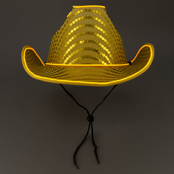 Gold LED Flashing EL Wire Glow Sequin Cowboy Hat | PartyGlowz