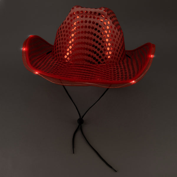 LED Flashing Red Cowboy Hat With Sequins Pack of 2