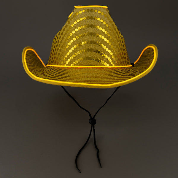 LED Flashing Gold EL Wire Sequin Cowboy Party Hat - Pack of 12 Hats