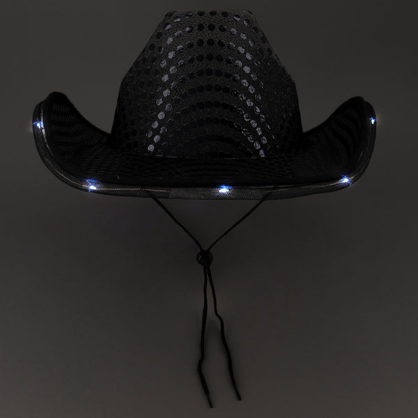 LED Light Up Flashing Black Cowboy Hat With Sequins - Pack of 2