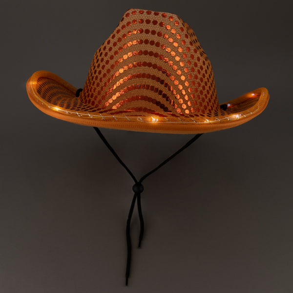 LED Light Up Flashing Orange Cowboy Hat With Sequins