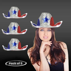 Patriotic LED Light Up Flashing Cowboy Hats With Red White Blue Sequins - Pack of 3