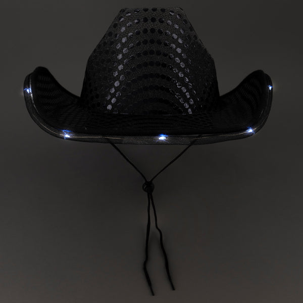 LED Light Up Flashing Sequin Cowboy Hats Black - 12 Hats