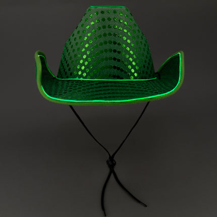 LED Flashing Green EL Wire Sequin Cowboy Party Hat - Pack of 18 Hats