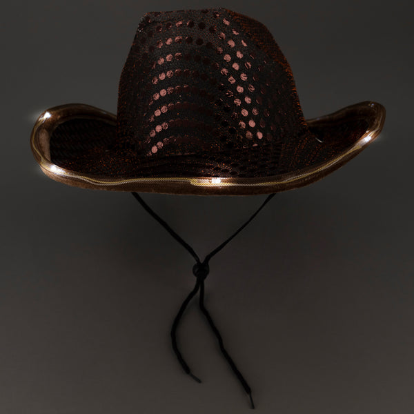 LED Light Up Flashing Brown Cowboy Hat With Sequins