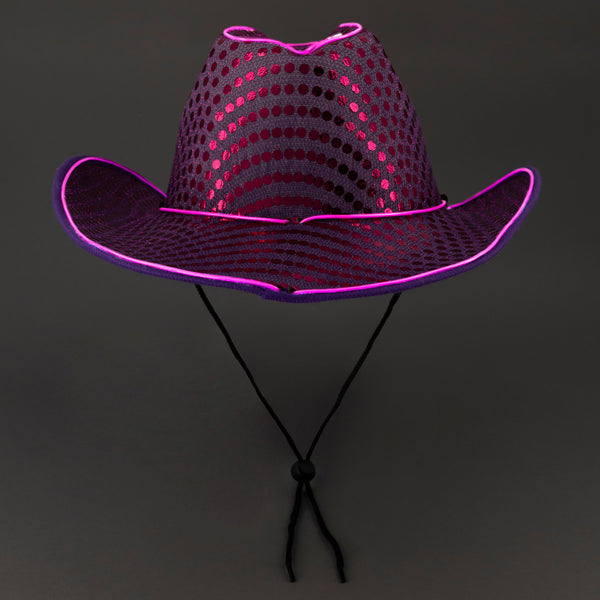 LED Flashing EL Wire Purple Sequin Cowboy Party Hat - Pack of 3 Hats