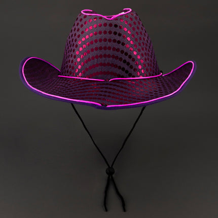 Purple LED Flashing EL Wire Glow Sequin Cowboy Hat | PartyGlowz