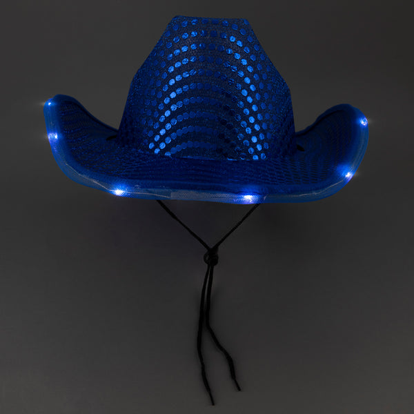 LED Flashing Blue Cowboy Hat With Sequins - Pack of 2