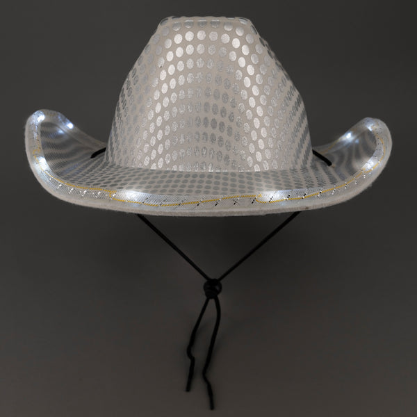 LED Light Up Flashing Sequin Cowboy Hats White - 24 Hats