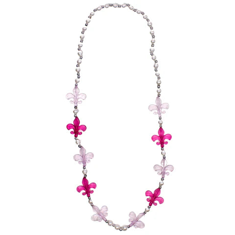 40 Inches Acrylic Light Pink And Hot Pink Fleur De Lis Beaded Necklace