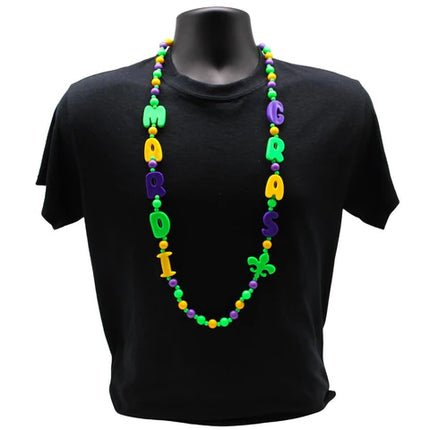 40 Inches Purple, Green And Yellow Mardi Gras And Fleur De Lis Bead Necklace