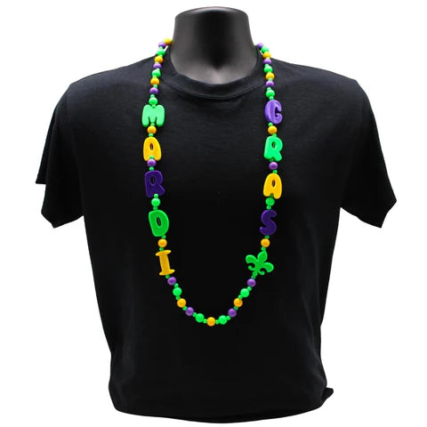 40 Inches Purple, Green And Yellow Mardi Gras And Fleur De Lis Bead Necklace