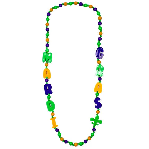 40 Inches Purple, Green And Yellow Mardi Gras And Fleur De Lis Beaded Necklace