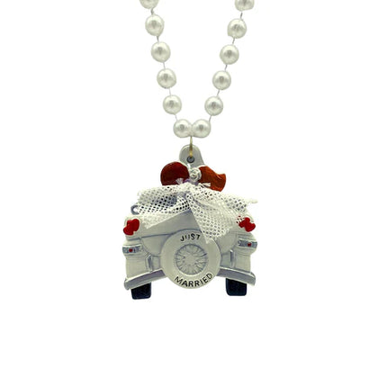 42 Inches 10mm Pearl White Necklace with Just Married Car Medallion