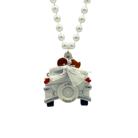 42 Inches 10mm Pearl White Necklace with Just Married Car Medallion
