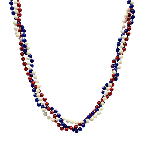 42 Inches 6mm Red, Blue & Pearl White Braided Bead Necklaces