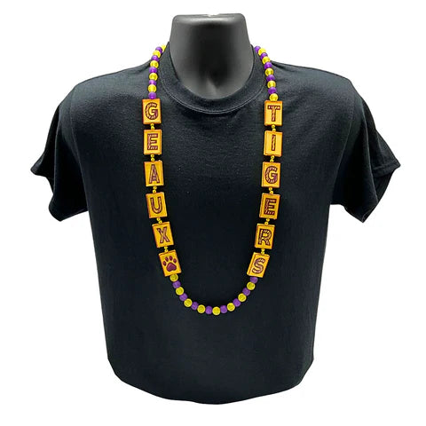 Geaux Tigers Tile Necklace With 12mm & 6mm Purple and Gold Matte Beads
