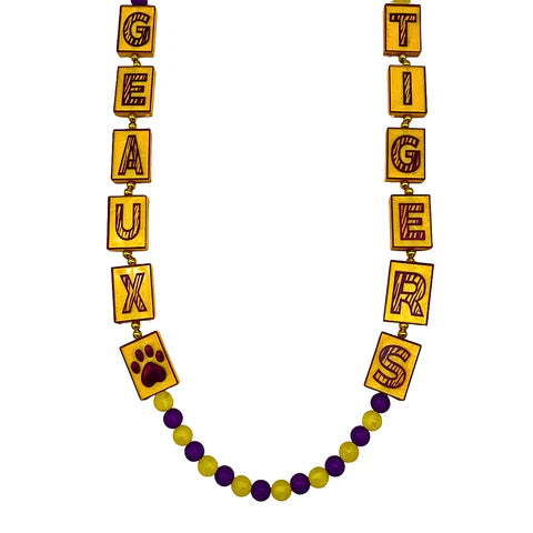 44 Inch Geaux Tigers Tile Necklace With 12mm & 6mm Purple and Gold Matte Beads
