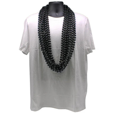 48 Inches 10mm Round Black Mardi Gras Beads - Pack of 12 Necklaces