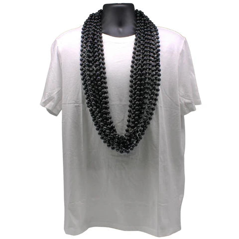 48 Inches 10mm Round Black Mardi Gras Beads - Pack of 12 Necklaces