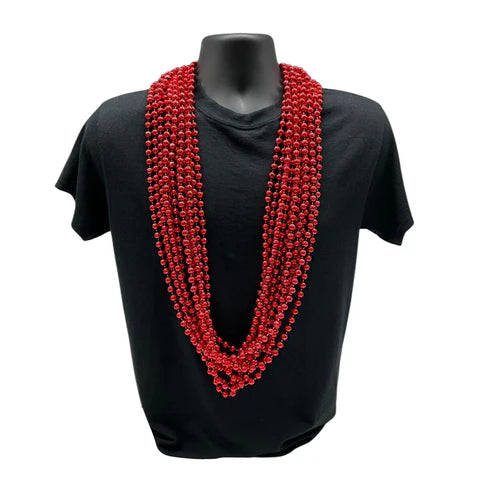 48 Inches 10mm Round Metallic Red Mardi Gras Beads - Pack of 12 Necklaces