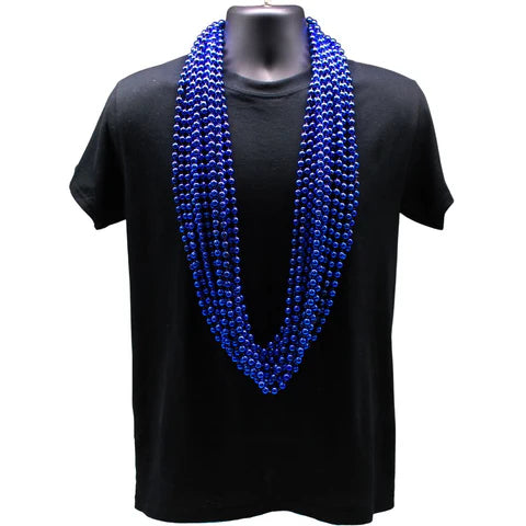 48 Inches 10mm Round Metallic Royal Blue Mardi Gras Beads - Pack of 12 Necklaces