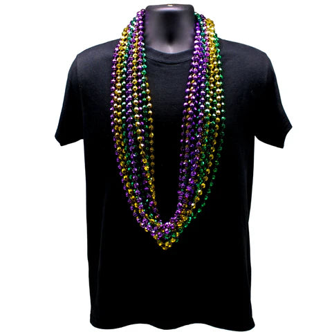 48 Inches 12mm Cut Metallic Purple, Gold and Green Mardi Gras Beads Necklaces