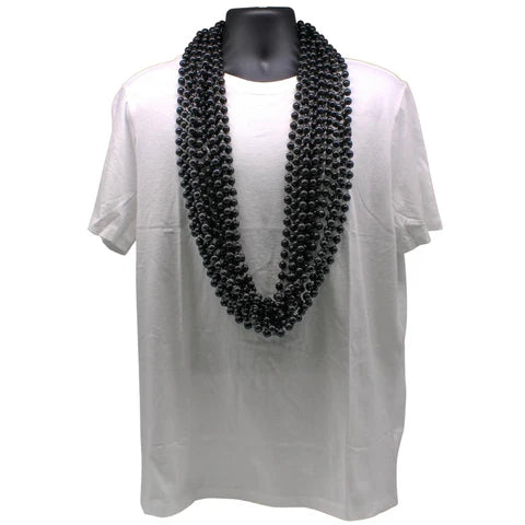 48 12mm Round Black Mardi Gras Beads - Pack of 12 Necklaces